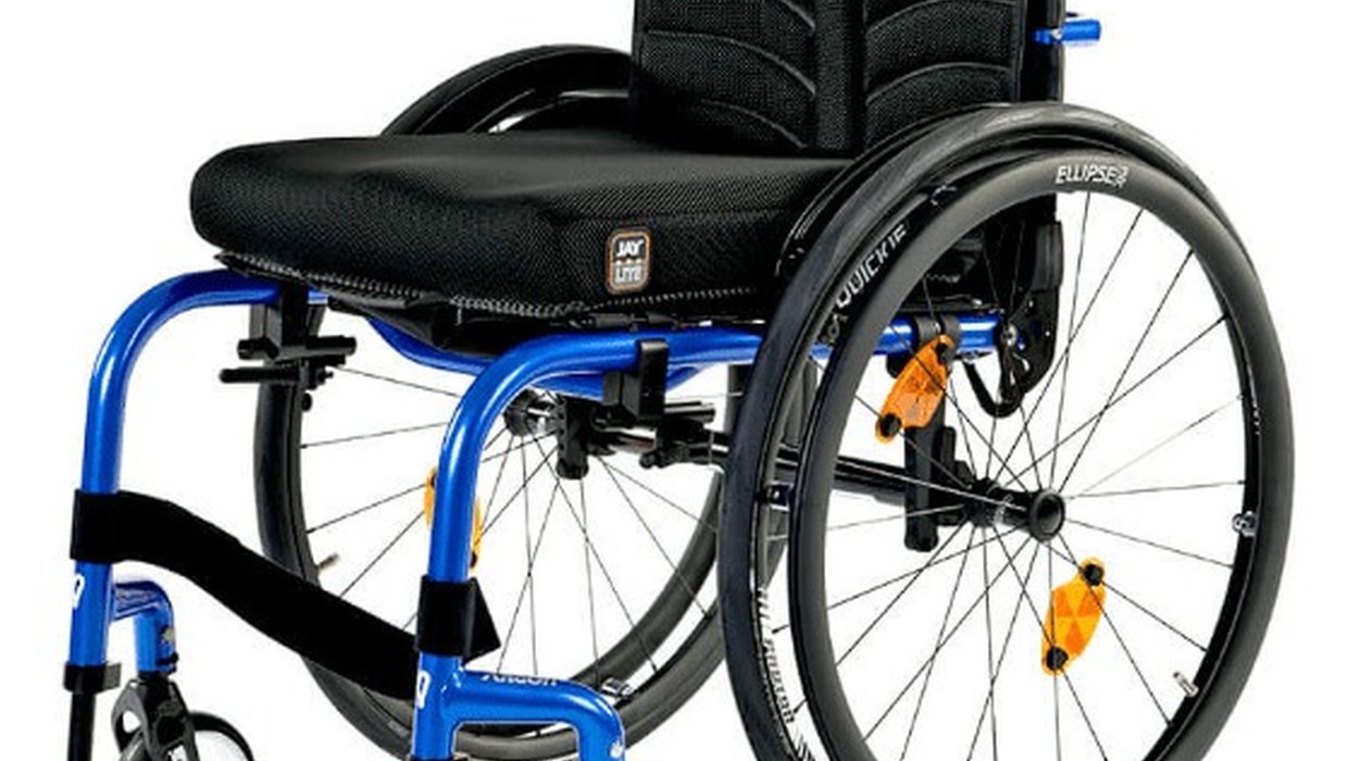 A blue and black Argon 2 manual wheelchair