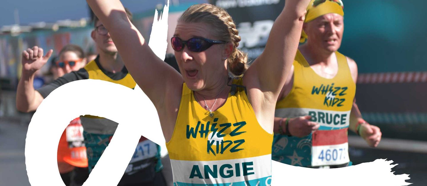 Three Whizz Kidz runners in a yellow running vest. The one in front has her arms in the air with a white doodle behind her.