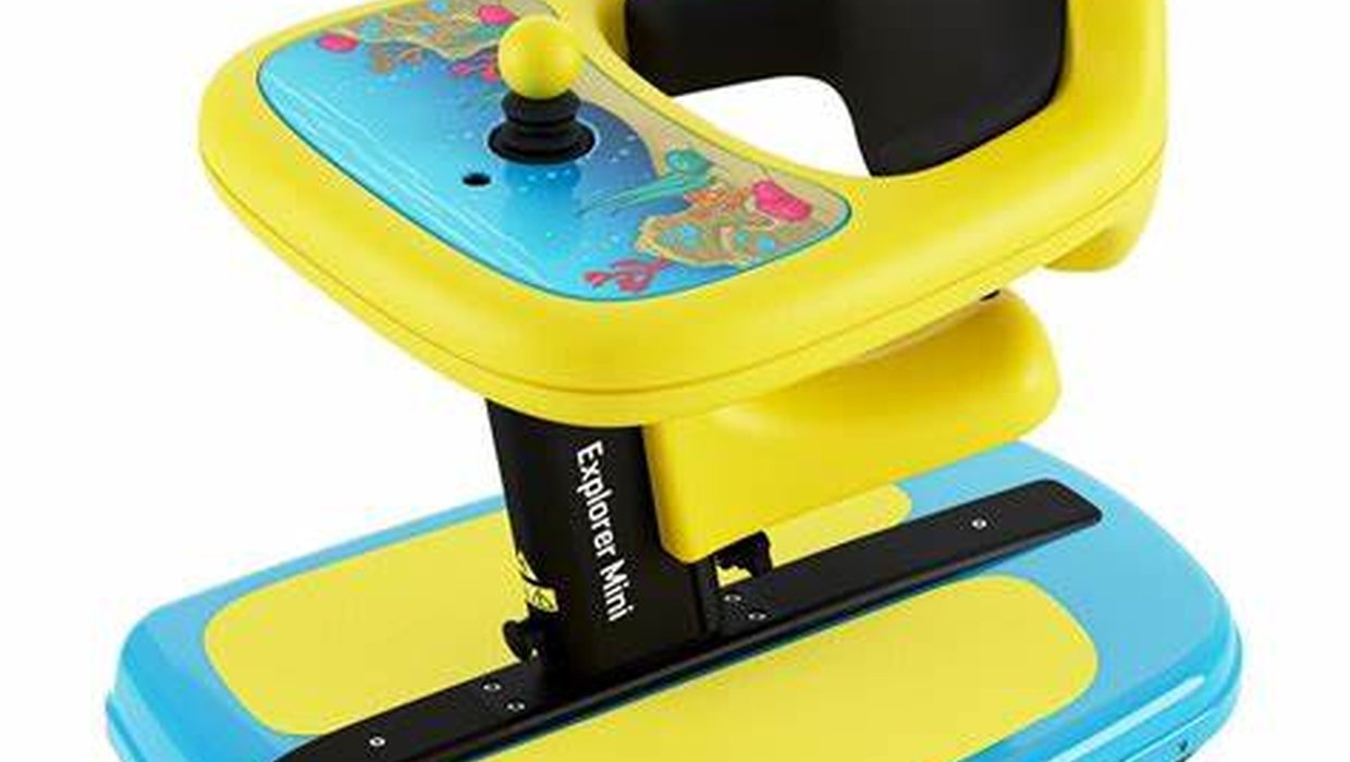 A yellow and blue Permobil Explorer Mini with some awesome fish drawings on it